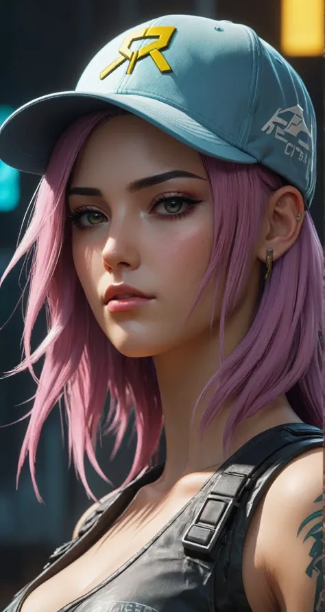 a closeup of a woman wearing a baseball cap and a shirt, obra de arte al estilo de guweiz, cyborg - chica con cabello plateado, tifa lockhart con el pelo blanco, hermosa obra de arte digital, Arte detallado de alta calidad 8k, chica con pelo blanco, pelo r...