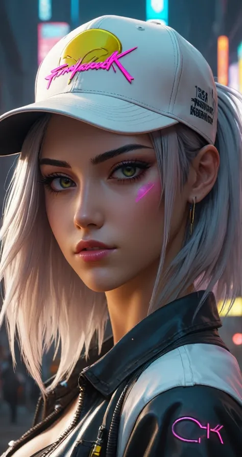 a closeup of a woman wearing a baseball cap and a shirt, obra de arte al estilo de guweiz, cyborg - chica con cabello plateado, tifa lockhart con el pelo blanco, hermosa obra de arte digital, Arte detallado de alta calidad 8k, chica con pelo blanco, pelo r...