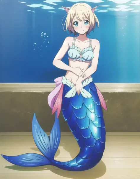 mermaid pokemon,underwater, mermaid tail below waistline, 1girl, violet evergarden, solo, blonde hair, blue eyes, short hair, bra, looking at viewer, blush, happy, full body,