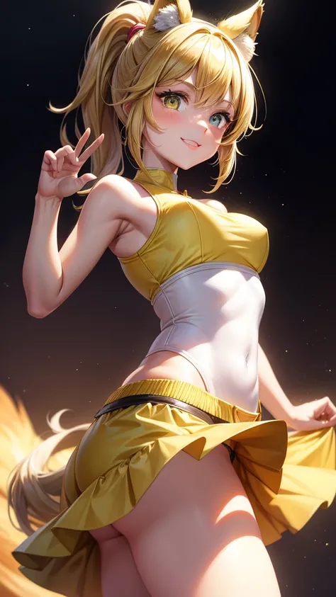 Young Girl, short brown hair, High Ponytail, Heterochromia, Green and yellow eyes, Smile, Cat ears, Yellow tight sleeveless uniform, Tight shorts, diadems, Gold Element, she-ra, masutepiece, hiquality, 4K, hard disk, good detail
, naked girl, camel toe,