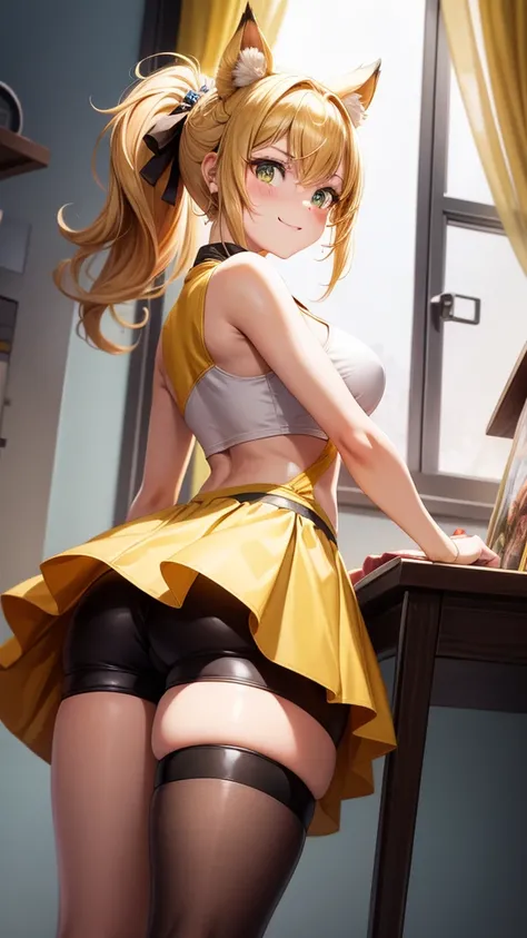 Young Girl, short brown hair, High Ponytail, Heterochromia, Green and yellow eyes, Smile, Cat ears, Yellow tight sleeveless uniform, Tight shorts, diadems, Gold Element, she-ra, masutepiece, hiquality, 4K, hard disk, good detail
, naked girl, camel toe,