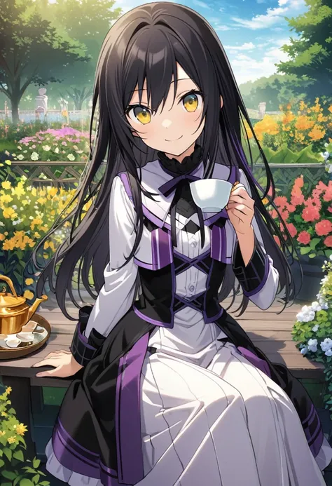 Akemi Homura (AKB0048 Next Stage), (long black hair), (bright Golden eyes):1.2, Victorian dress, bangs, smiling gently, ((ultra-detailed)), ((illustration)), ((neat hair)), (beautiful detailed eyes), female, 1woman, sitting, drinking tea, ((garden, sky)), ...