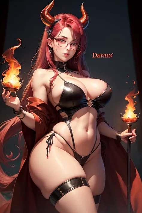 Sexy librarian. Hell background.  Thong.  Large breasts. Slender waist. Glasses. Devil horns. Devil tail. Background on fire. The librarian is holding a burning trident.  The librarian has shiny, red skin.  Her eyes are bright red.  Her skin is wet.  Large...