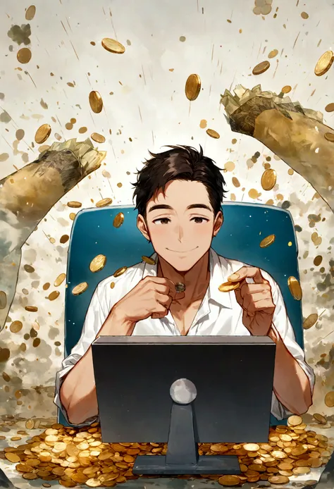 A man,Smile,Just relax,nice,middle aged,sitting in front of computer,Coins and banknotes rained down behind him.,Holding a cup in hand,large water mass、Bright image、Clear facial expressions