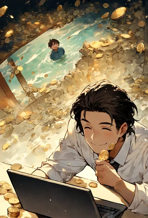 A man,Smile,Just relax,nice,middle aged,sitting in front of computer,Coins and banknotes rained down behind him.,Holding a cup in hand,large water mass、Bright image、Clear facial expressions