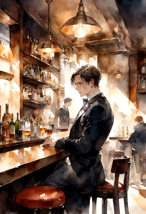 man in a bar watercolor