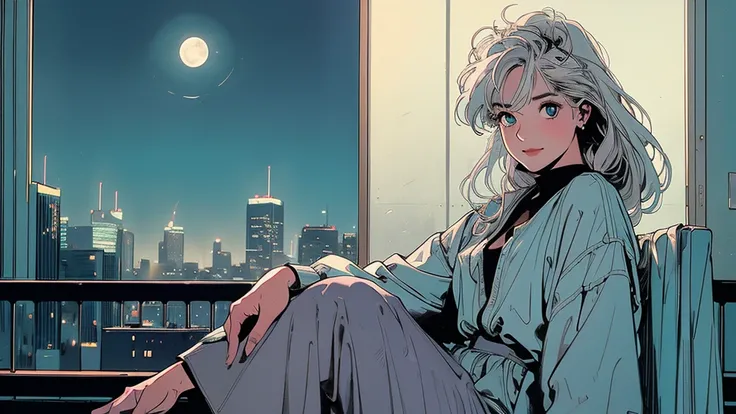 (masterpiece), highest quality, Cyan eyes, Light grey hair, Expressive eyes, Jorhaya, Sitting in a high-rise apartment room, Night Sky, Cityscape, View Viewer, City lights, window, highlight, Dramatic Light, Calm face,Smiling、Full moon night