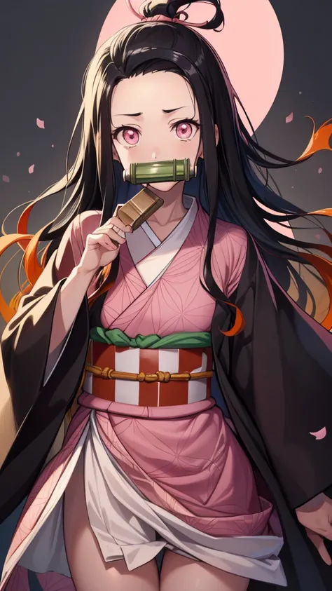 Nezukokamado, nezuko kamado, bamboo, (bit gag:1.5), Black Hair, (amount:1.5), gag, gagged, Hair Ribbon, Long Hair, Multicolored Hair, (Pink Eyes:1.5), Orange Hair, elongated pupils, Wavy Hair, Two-tone hair, break asa no ha (pattern), checkered sash, Haori...