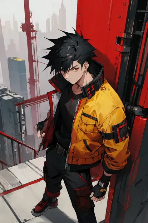 ((highest quality)), ((masterpiece)), (be familiar with), 1 male, alone, Black Hair,Spiky Hair,cargo pants,Red jacket,Yellow Shirt,Large,Fingerless Gloves, cyber punk,SF,