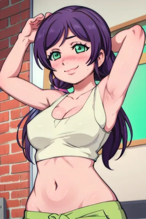 nozomi toujou,1girl,solo,purple tanktop,sleeveless,large breasts,heavy blush,(green eyes:1.2),((arms up)), detailed armpits, sweat, sweaty, no bra, smile