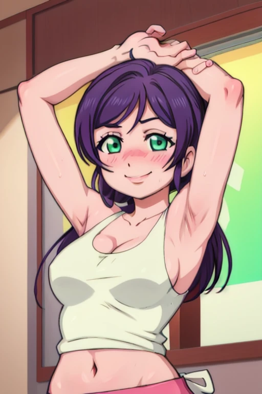 nozomi toujou,1girl,solo,purple tanktop,sleeveless,large breasts,heavy blush,(green eyes:1.2),((arms up)), detailed armpits, sweat, sweaty, no bra, smile