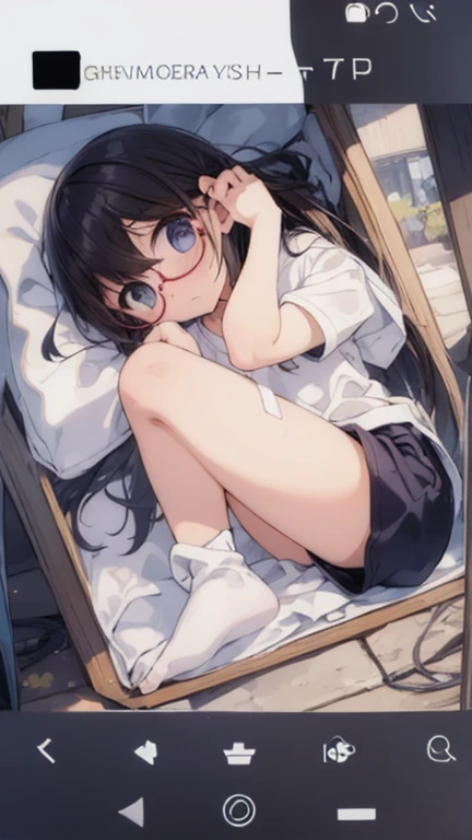 (big round glasses:1.3)、(Timid girl、blush、Watery eye:1.2)、Long black hair、White short sleeve shirt、Navy blue shorts、Gym suit、  body、Flat body