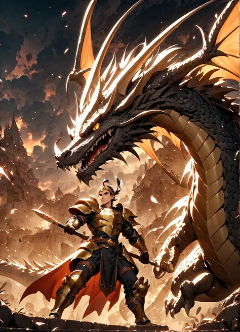 dragon quest: the adventure of dai，the brave day，gold headband，armor，carrying a sword，behind him stood a dragon rider