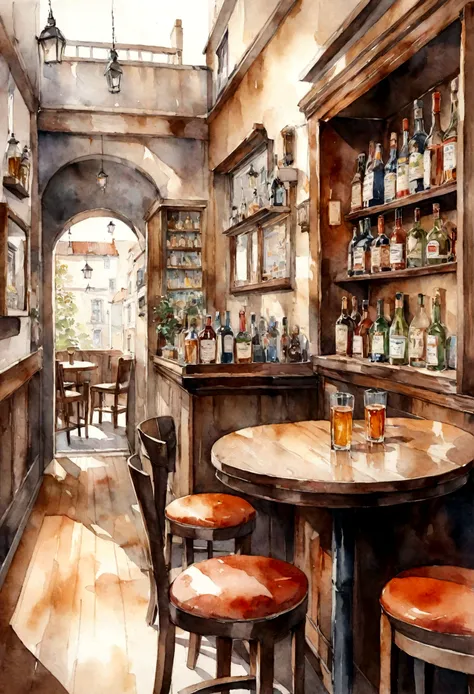 table in a small bar watercolor