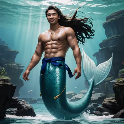 Underwater, underwater Merman, full body, abs, merman tail below waistline,  (protrait photo）asian man, 30 years old, suit, His hair is neat, Face clean and clean, round face，Eyes reveal wisdom and confidence。He smiles and looks at the camera, Convey a pro...