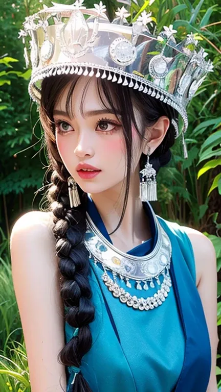 Reality, high resolution, Soft Light,1 female, Solitary, Hip lift, Shiny skin, (Delicate face), plateau,Blue sky,paddy,Extremely detailed,Torogao, Miao clothing, crown