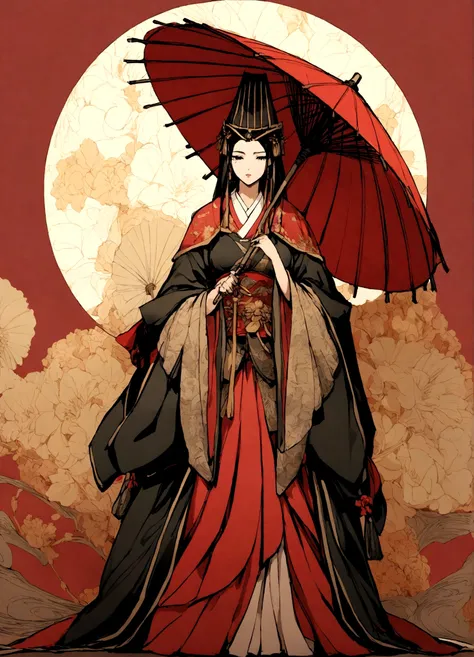 A woman in a kimono holding a parasol。Heian period。Red Umbrella