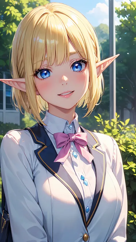 16k、masterpiece、High resolution、High resolution、((Mature Elf Woman))、((Shiny white skin))、((Beautiful blonde))、Bobcut、((Beautiful Blue Eyes))、((Long, narrow eyes))、((Pointy Ears))、Laughing with your mouth open、Pink Lip Gloss、blush、School blazer uniform、In ...