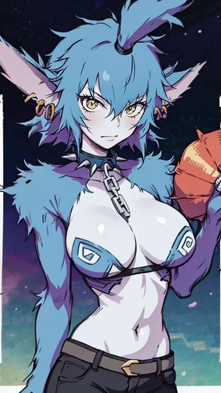 Wolfie, solo, girl1, white skin, looking at viewer, smile, leather pant, spiral chest, breast, standing, detailed eyes, detailed face, long ears, earrings, spike caller, sharp teeth, furry shoulders, furry arms, best quality, perfect quality, masterpiece, ...