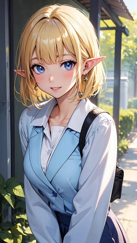 16k、masterpiece、High resolution、High resolution、((Mature Elf Woman))、((Shiny white skin))、((Beautiful blonde))、Bobcut、((Beautiful Blue Eyes))、((Long, narrow eyes))、((Pointy Ears))、Laughing with your mouth open、Pink Lip Gloss、blush、School blazer uniform、In ...