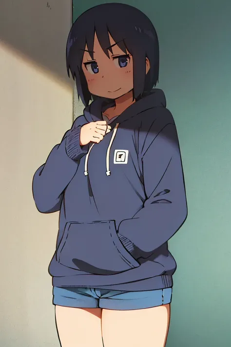 Kyoto animation, female, short hair, middle parted hairstyle, black hair, dark blue eye, cute face, thick eyebrows, big breast, sexy butt, slim body, sexy thigs, dark blue and white half body hoodie, short pants above thigs, brave smile, 90s style, 