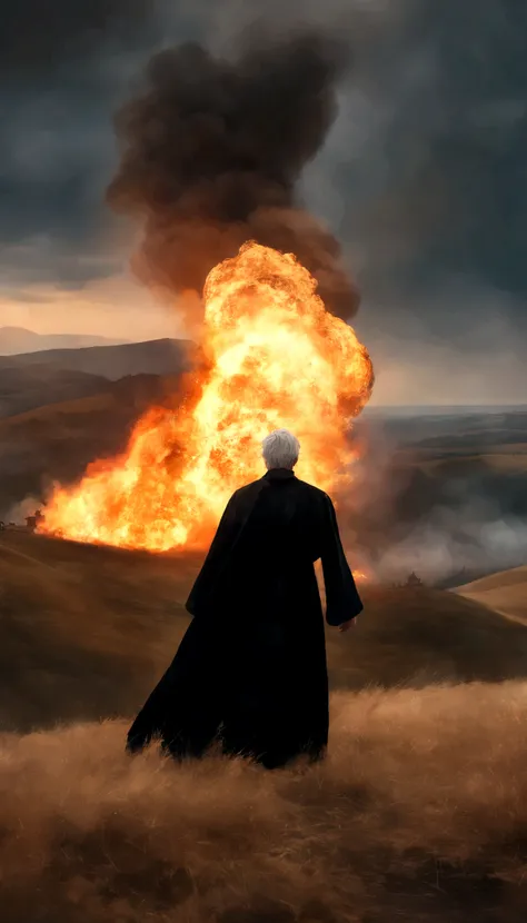 8k, close distance portrait, a male wizard with black clothes and grey short hair from behind, hand up to the sky, throwing a super massive huge fireball to a village in the distance from hill, with a burning village background the distance