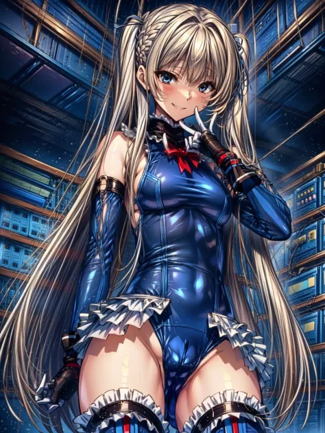 4K,Perfect Anatomy, highest quality, Marie Rose,Wicked Smile,Provocative attitude
,,Wicked Smile,Anime Style,(Ruffled swimsuit, Knee socks, Removed sleeve), (Anime Style:1.4) ,
,(White fingers:1.1,Black gloves),
Hollow Eyes,whole body,1 Girl、(In the resear...