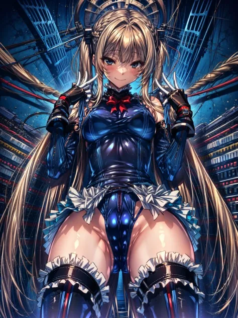 4K,Perfect Anatomy, highest quality, Marie Rose,Wicked Smile,Provocative attitude
,,Wicked Smile,Anime Style,(Ruffled swimsuit, Knee socks, Removed sleeve), (Anime Style:1.4) ,
,(White fingers:1.1,Black gloves),
Hollow Eyes,whole body,1 Girl、(In the resear...