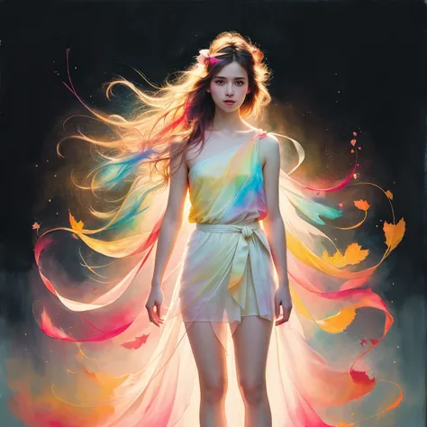 (8k, best quality, masterpiece:1.2),(best quality:1.0), (ultra highres:1.0), pencil colors, a beautiful woman, shoulder, hair ribbons, by agnes cecile, full body portrait, extremely luminous bright design, pastel colors, (ink:1.3), autumn lights, full body