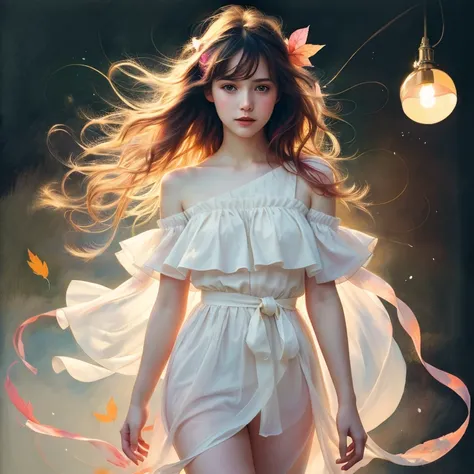 (8k, best quality, masterpiece:1.2),(best quality:1.0), (ultra highres:1.0), pencil colors, a beautiful woman, shoulder, hair ribbons, by agnes cecile, full body portrait, extremely luminous bright design, pastel colors, (ink:1.3), autumn lights, full body