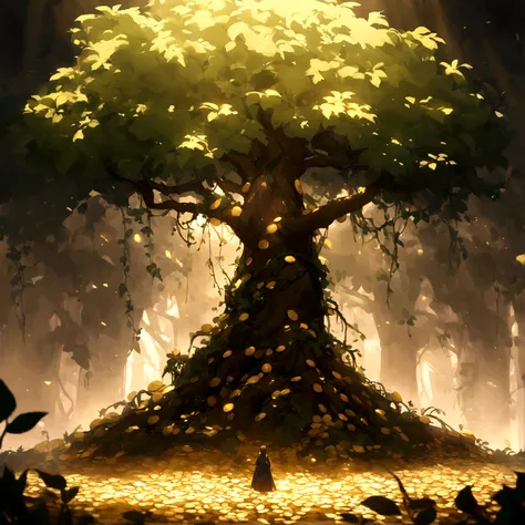 A tree is surrounded by vines，The ground was covered with gold coins