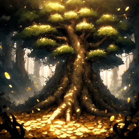 A tree is surrounded by vines，The ground was covered with gold coins