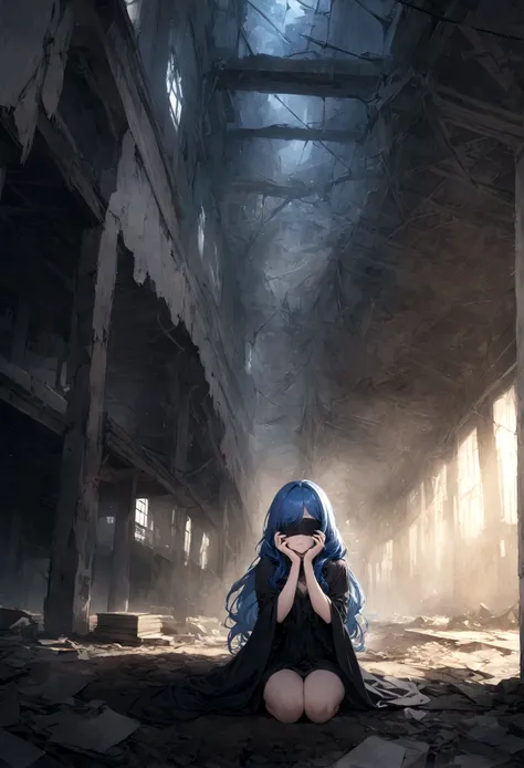 Cloth, Cover your eyes,
用丝带Cover your eyes, ((Not blindfolded,))black, black透明裙子,Long blue hair,In an abandoned factory, dark,
Album，Art Books, game_CG, realistic, photo, real,
, masterpiece, best quality,