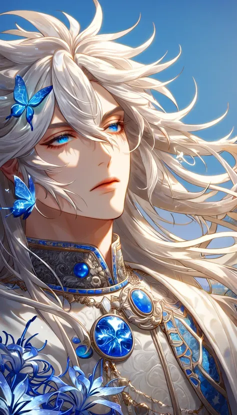 absurdres, highres, ultra detailed, HDR, master piece, best quality, extremely detailed face, delicated features, Xinren, untamed spiky hair, white long hair, hair between the eyes, expressive blue eyes, white eyelashes, Thousand Years War, man, solo, hand...