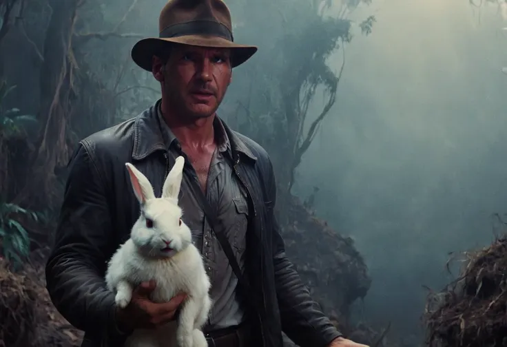 indianajones person following a white rabbit, middle east background, sideshow, eerie moody, iconic hat, film grain movie scene.