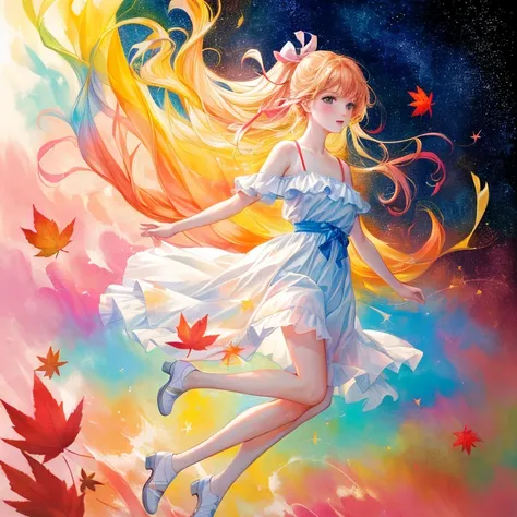 (8k, best quality, masterpiece:1.2),(best quality:1.0), (ultra highres:1.0), pencil colors, a beautiful woman, shoulder, hair ribbons, by agnes cecile, full body portrait, extremely luminous bright design, pastel colors, (ink:1.3), autumn lights, full body