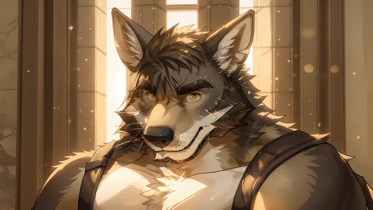 william adler, solo, mature male, bara, muscular male, wolf tail, yellow eyes, smile, (pose:1.3), (posing:1.3), (soft shading), ...