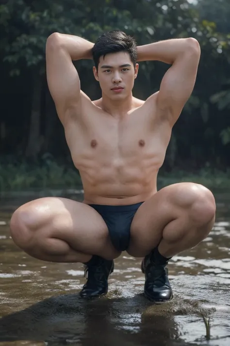 20-year-old boy ,Korean male officer ,Thin mustache...,handsome ,Wear a dark navy short-sleeved shirt............., Wearing only Dark navy thong, no pants, Black boots and dark navy gloves.,sit on the ground , His legs spread apart............................