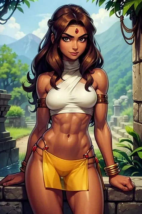 (best quality:1.3), (4K quality), (Detailed face:1.2), (Detailed eyes:1.2), solo, 1girl, 25 year old woman, jungle native, tribal girl, tanned bronze skin, dark brown hair, wavy hair, long hair, amber eyes, smile, (toned body), athletic body, small breasts...