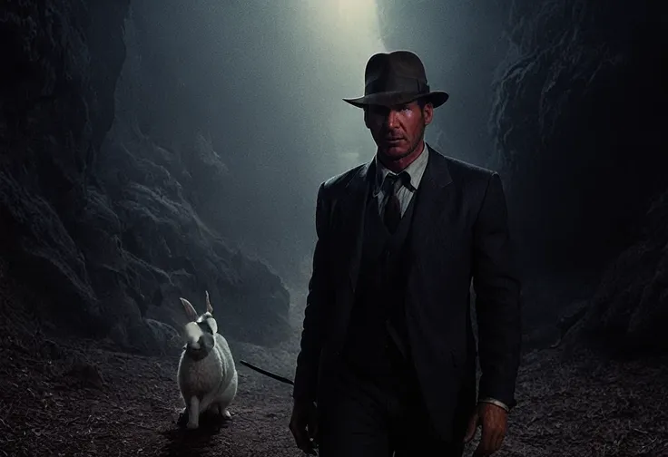 indianajones person following a white rabbit, middle east background, sideshow, eerie moody, iconic hat, film grain movie scene.