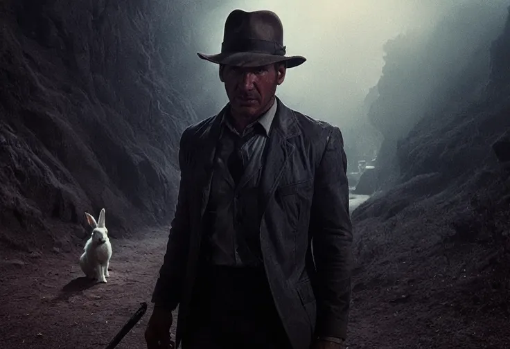 indianajones person following a white rabbit, middle east background, sideshow, eerie moody, iconic hat, film grain movie scene.