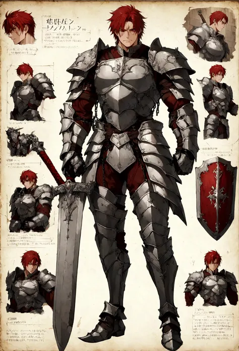 male character heavy plate armor, shield and sword, muscular, red hair, full of scar, character sheets,chained