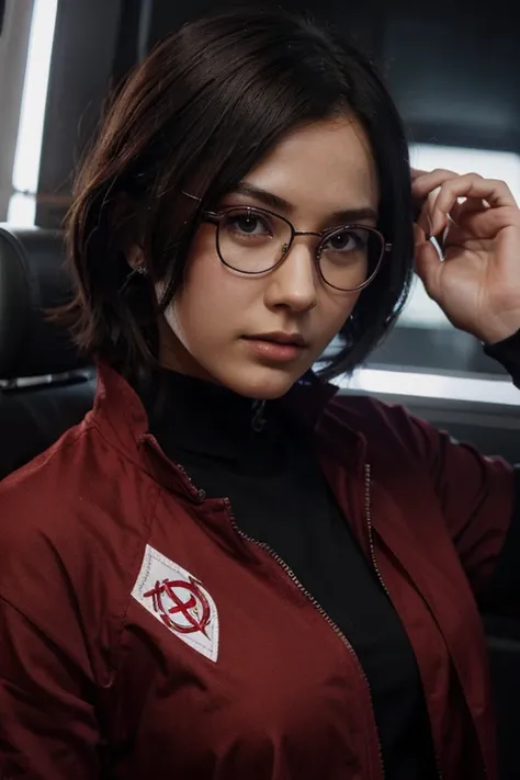 (best quality, high-res, realistic:1.2), Sarada Uchiha, bob hair, detailed eyes, detailed lips, glasses, vibrant colors, dynamic pose, mid-action, Uchiha crest, sharingan activated, intense lighting, anime style