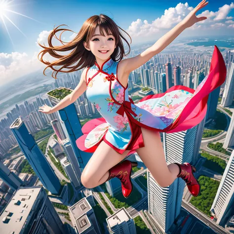 a young magical girl floating in the air, midair, 10 meters high, cityscape, smiling politely with long hair, wearing a revealing Qipao, Zero-gravity Boots, ultra-detailed,natural lighting,vibrant colors, full-body, wide-angle lens