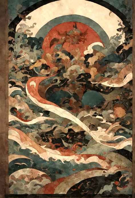 Mythical creatures，（（Chinese mythological dragon）），Traditional Chinese Elements，Ancient murals，Examples of myths，The Legend of Fuyao，Spotted Light，Hazy haze，Mysterious Aura，masterpiece，Kich in color，Detailed explanation，Seven Colors