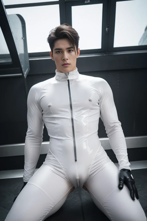 Futuristic rubber high waisted white bodysuit, skin tight, hair visible, hands visible, gloves, boots, toned male, young man, shiny suit, hands covered, handsome boy， big bulge , thick thighs , thick hips , handsome Korean man , K-pop idol, phat ass ，（bare...