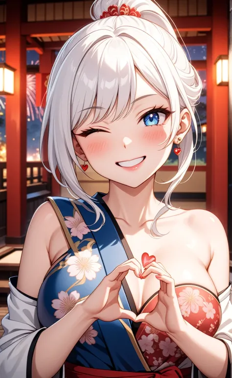 ((one personの女性)), Beautiful Face,Laugh shyly,((Wink:2.0)),Laughing with your mouth open,turn bright red,Glossy pink lips,night,Japanese-style room of the shrine,firework,((Anime style background)),masterpiece, highest quality, so beautiful, Latest, Comple...