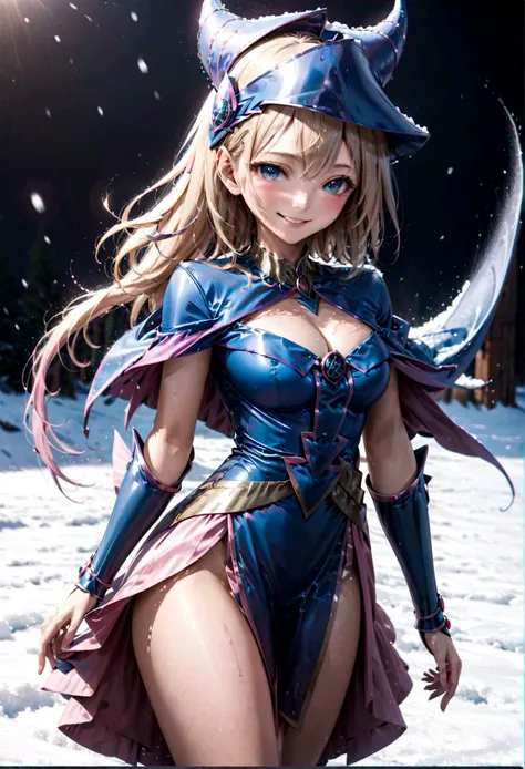 film action shot of dark_magician_girl, a woman with blond hair in a blue costume, look at viewer, pale skin,, smile, (at snowfi...