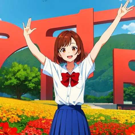 (masterpiece, highest quality:1.2), High resolution, One girl, alone, smile, Open your mouth, Upper teeth, Happy, ^ ^, 
Chinatsu_Nishio_v1, Brown Hair, short hair, Swept-apart bangs, Brown eyes, 
, White shirt, Short sleeve, Red Bow, Blue Skirt, Pleated sk...