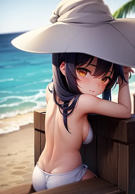 Chica anime con cabello blanco y sombrero negro recostada sobre una tabla de surf., kantai collection style, en la playa, en la playa, , en el mar, en la playa, en una playa, ocean in the background, its is relaxing en una playa, relaxing en la playa, 2b, ...